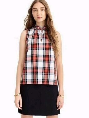 J Crew Stewart Tartan Plaid Cotton Poplin Ruffleneck Top, Keyhole Front, EUC, 10